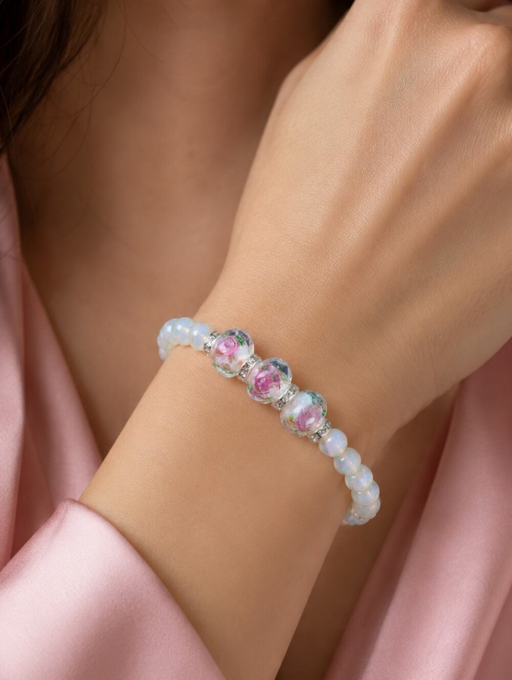 Handcrafted Romantic Floral Lampwork Glass & Opalescent Beaded Bracelet